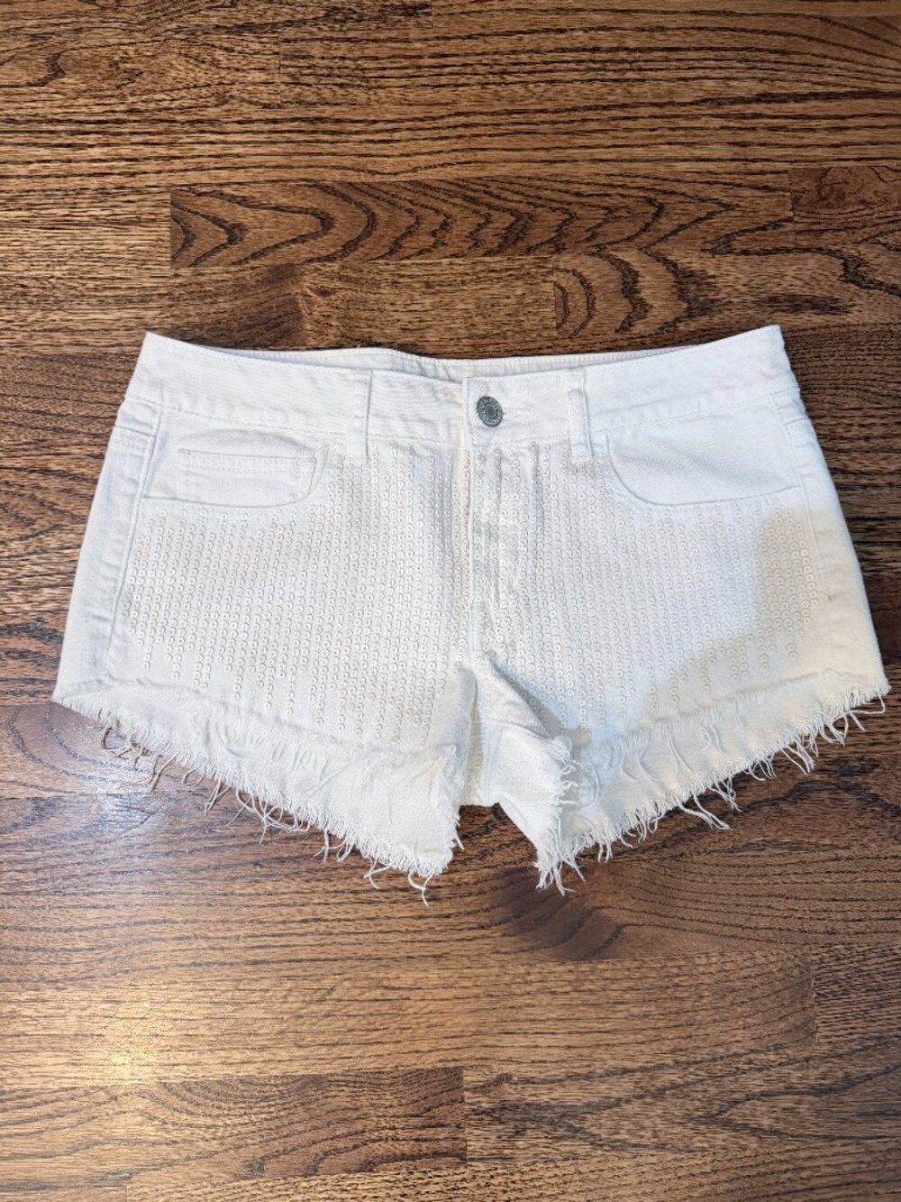 American Eagle Women's Size 10 White Sequin Denim Cutoff Shorts Raw Hem